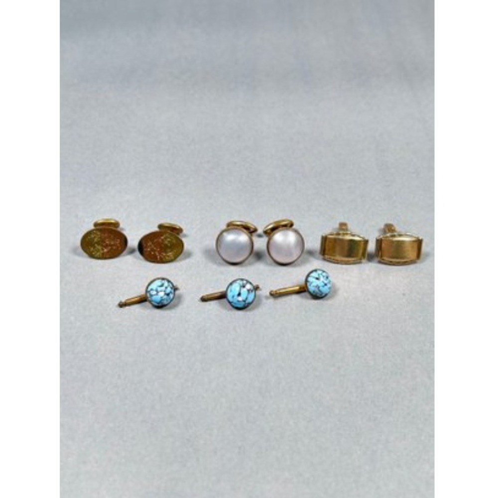 Cufflinks Shirt Studs Mens OS Gold Blue Pearl Good Vintage Lot 9pc